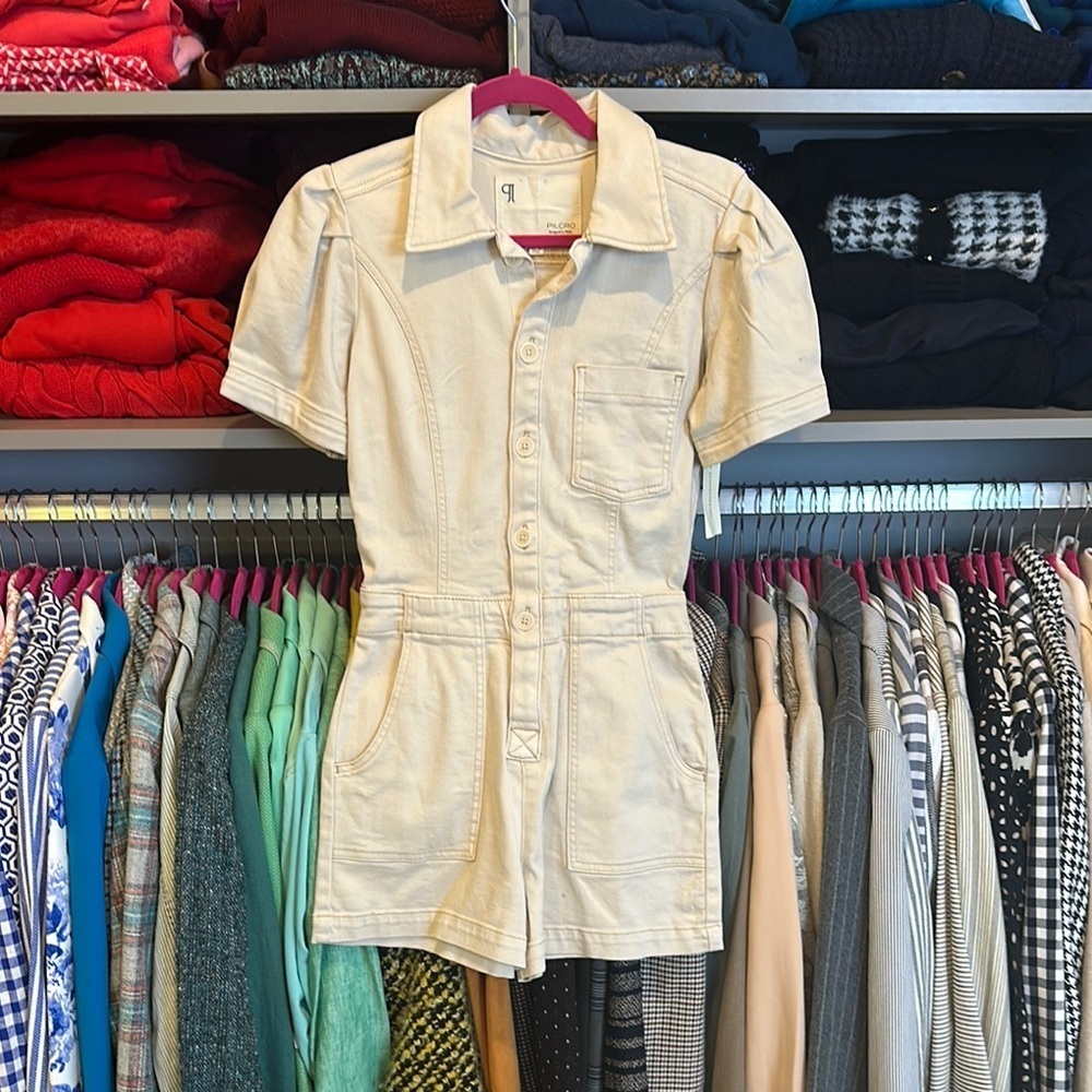 Pilcro cream short sleeve 4 pocket jeans romper size 0 NWT